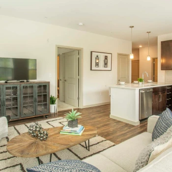 Airy apartment layout featuring TV, cozy couch, and kitchen island with stainless dishwasher